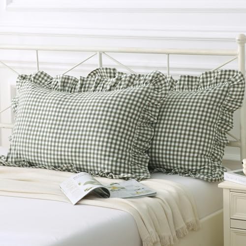 Silnuo Sage Green/White Plaid Ruffled Queen Size Pillow Shams Set of 2 - Image 2