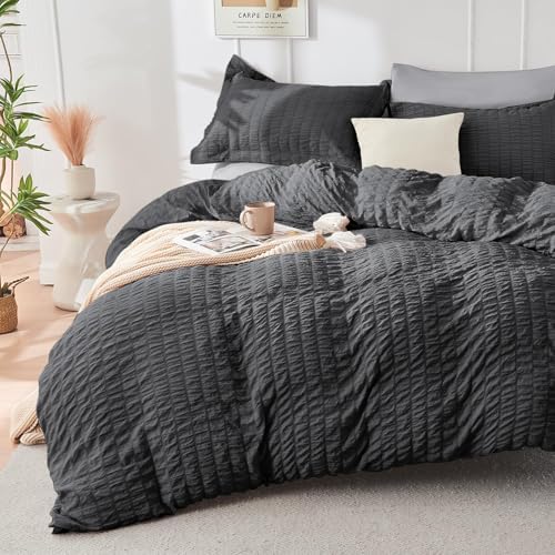 HYMOKEGE Dark Grey/Light Grey King Size Comforter Set Seersucker 7 Pieces - Image 2