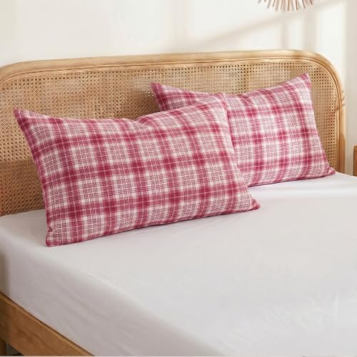 Merryword 100% Cotton Pillow Cases, Queen Size, Washed Cotton Dusty Red Plaid - Image 3