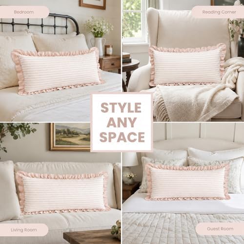 JoraLion Ruffled Lumbar Pillow Cover 14x36 Striped Beige - Image 3