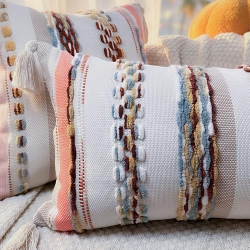 PANOD Chenille Farmhouse Throw Pillow Covers 16 x 16 Red Brown, Neutral Boucle - Image 3