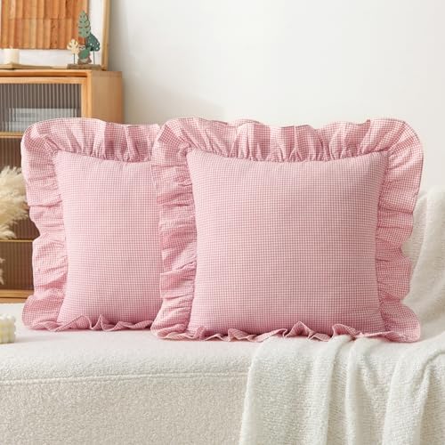 Gingham Throw Pillow Covers 18x18, Ruffle Trim, 2 Pack by Jilboo