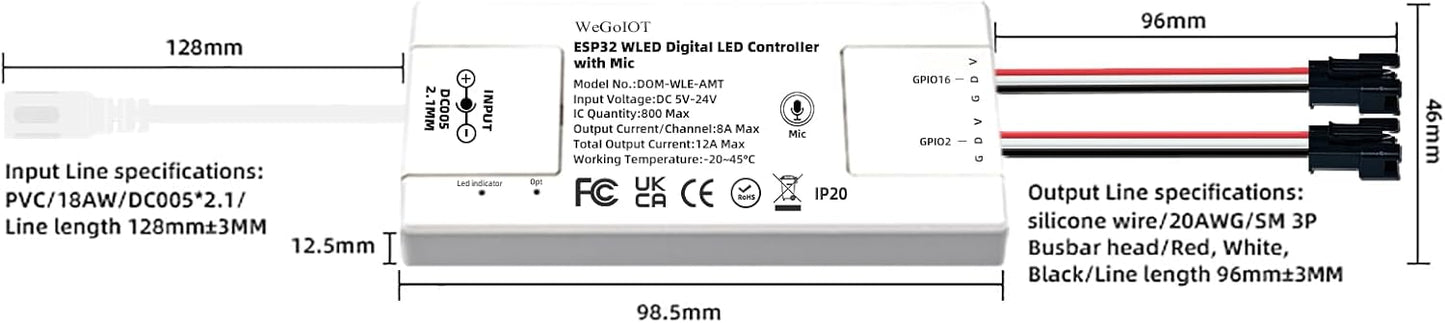ESP32 Ultra-Thin WLED Digital Light Strip Controller with Mic Sound Mode DC5-24V RGB IC Digital Dynamic Light WS2811 WS2812B SK6812 SM16703P Flexible DIY FCOB Addressable LED Strip