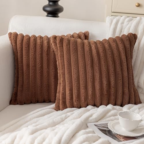 MOSAYT Faux Fur Pillow Covers 20x20 Set of 2, Ultra Soft Fluffy Striped Modern by MOSAYT