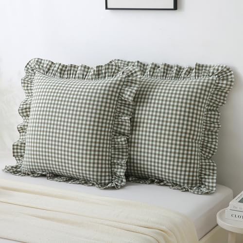 Gingham Ruffled Throw Pillow Covers 24x24 Inch Sage Green 2 Pack by Jilboo