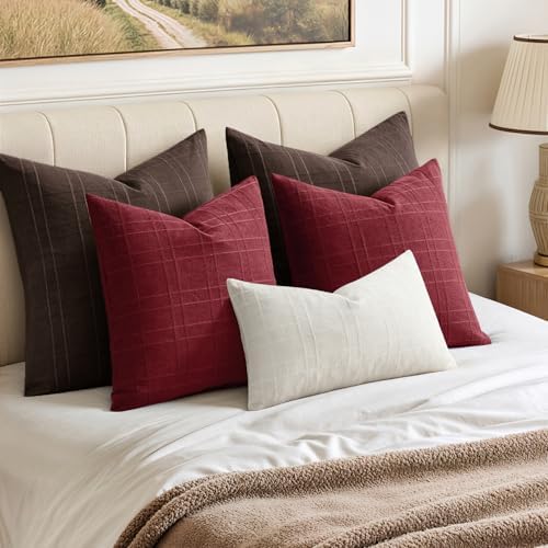 MIULEE Linen Plaid Pillow Covers Christmas Decorative Euro 24x24 Burgundy - Image 3