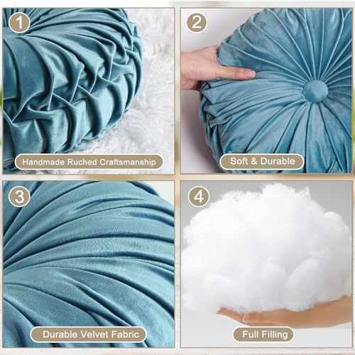 HIG Set of 2 Dusty Blue Velvet Decorative Round Pleated Throw Pillows - Image 3