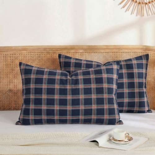 Merryword 100% Cotton Pillow Cases, King Size, Washed Cotton Deep Navy Plaid by Merryword
