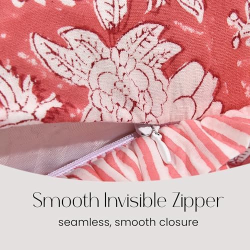 CPC Block Print Pink Coral Ruffle Cotton Lumbar Pillow Cover 12x20 inch - Image 4