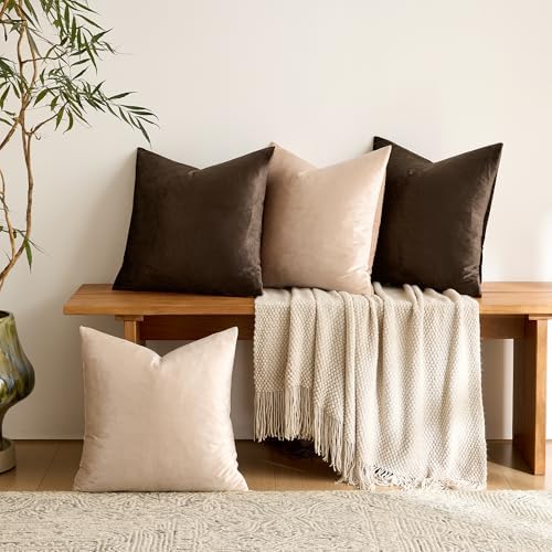 GIGIZAZA Pack of 4 Decorative Velvet Pillow Covers 20x20 Brown Beige - Image 2