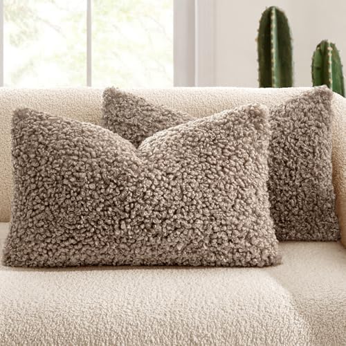 MIULEE Decorative Faux Fur Pillow Covers Lumbar Sherpa 12x20 Khaki by MIULEE