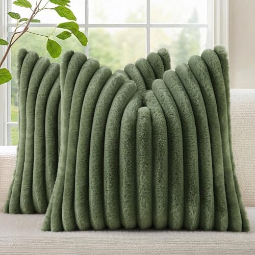 decorUhome Fall Faux Fur Throw Pillow Covers 26x26 Set of 2 Olive Green by decorUhome