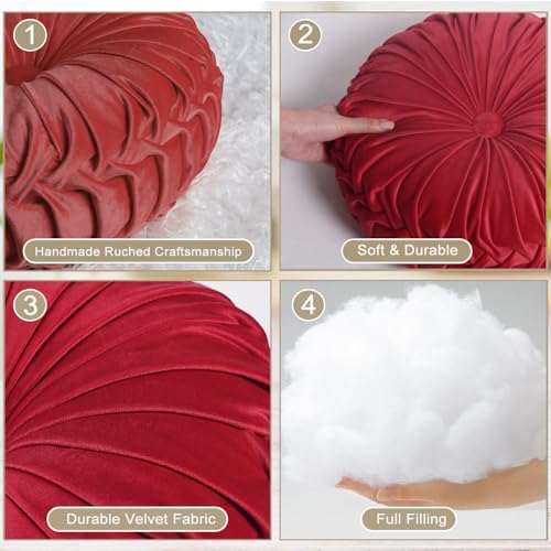 HIG Set of 2 Red Velvet Decorative Round Pleated Throw Pillows - Image 3