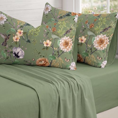 Bedorm 100% Cotton Pillowcases Set of 2 Queen Size Green Floral Pillow Cover - Image 4