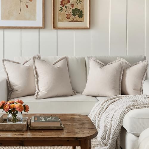 MIULEE Fall Linen Fringe Pillow Covers Set of 4 18x18 Neutral Beige - Image 3