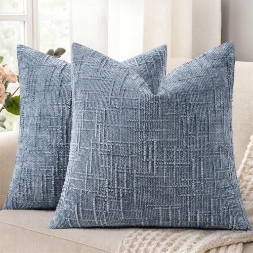 decorUhome Textured Chenille Throw Pillow Covers 16x16 Set of 2 Grey Blue by decorUhome