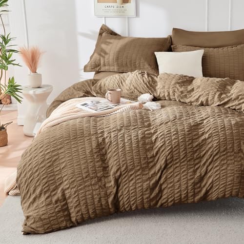 HYMOKEGE Brown Oversized Queen Comforter Set Seersucker 7 Pieces, All Season - Image 2