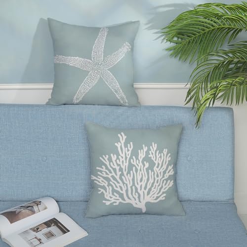 Coastal Pillow Covers 20x20 Inch Set of 2 Blue Coral Starfish Throw Pillows - Image 3