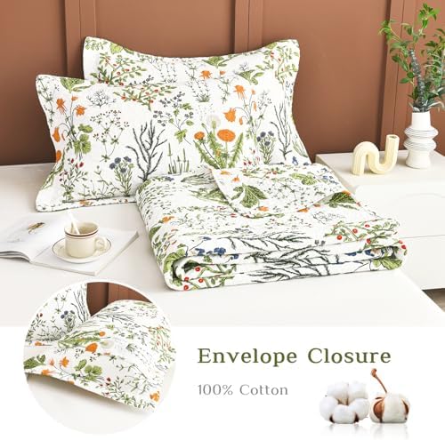 Lady Ann Cotton Quilted Pillow Shams 20x36, Leaves & Yellow Flowers Pattern - Image 5