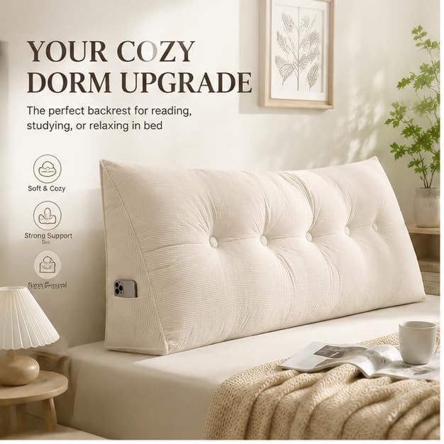 Dorm Bed Wedge Headboard Pillow Back Support Cushion，Beige：39.37x15.75in - Image 2
