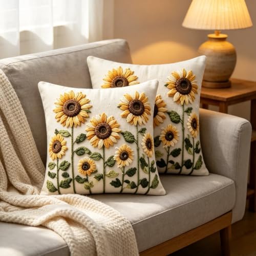 2D Flat Sunflower Linen Throw Pillow Covers 18x18 Set of 2 - Image 7