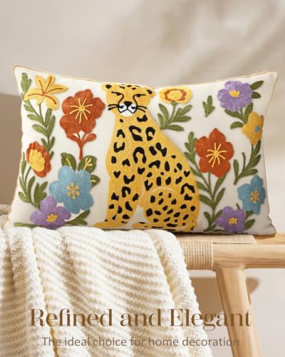 Animal Embroidered Lumbar Pillow Cover 20x12 Inch, Leopard Floral - Image 5