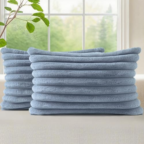 decorUhome Fall Faux Fur Throw Pillow Covers 12x20 Set of 2 Grey Blue by decorUhome