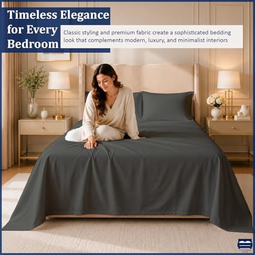 Cottingon 4 Piece King Sheets Fits 16" Deep, Egyptian Cotton, Dark Grey - Image 3