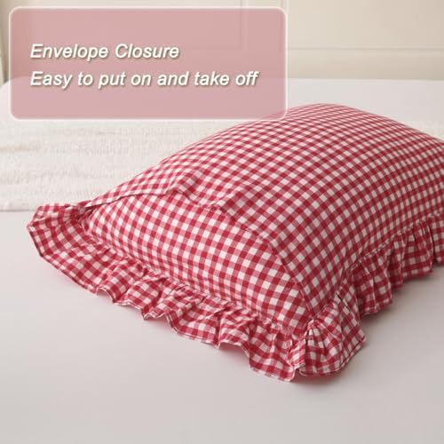 Silnuo Red/White Gingham Ruffle Pillow Covers Queen Size Set of 2 - Image 4