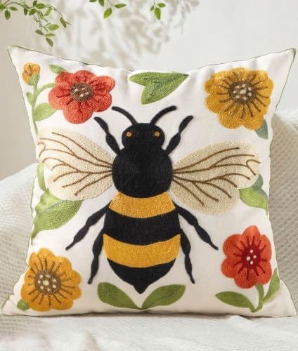 Animal Embroidered Throw Pillow Cover 20x20 Inch, Bee Floral by Kokaaee