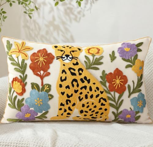 Animal Embroidered Lumbar Pillow Cover 20x12 Inch, Leopard Floral by Kokaaee