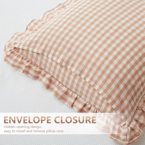 KKJIAF 2 Pcs Ruffle Gingham Pillow Covers 18" x 18", Light Pink Plaid - Image 5