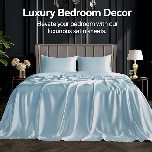 BEDELITE Satin Sheets King Size Bed Set, Light Blue, 4 Pieces - Image 2