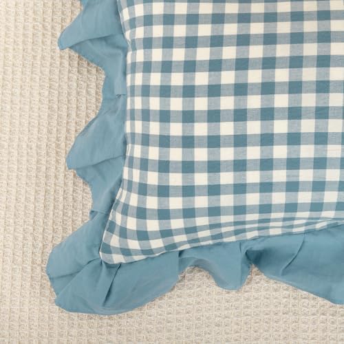 JoraLion Ruffled 18x18 Pillow Cover Gingham Smoke Blue Solid Edge - Image 6