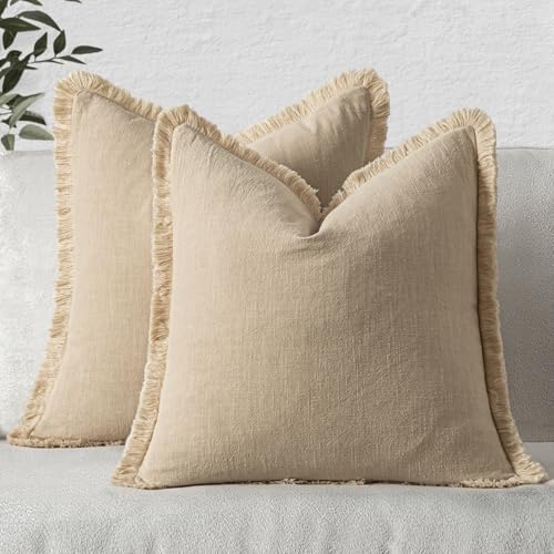 MIULEE Boho Linen Fringe Decorative Throw Pillow Covers Beige 20x20 by MIULEE