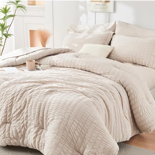 HYMOKEGE Beige Full Size Comforter Sets Seersucker 7 Pieces, All Season Luxury by HYMOKEGE