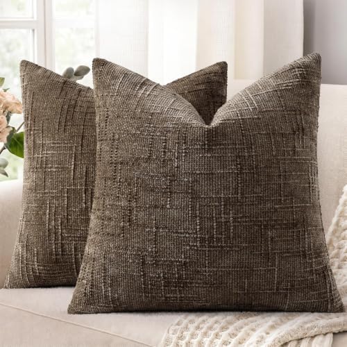 decorUhome Textured Chenille Throw Pillow Covers 22x22 Set of 2 Taupe by decorUhome