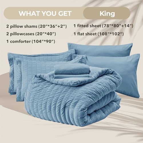 HYMOKEGE Mineral Blue King Size Comforter Set Seersucker 7 Pieces, All Season - Image 5