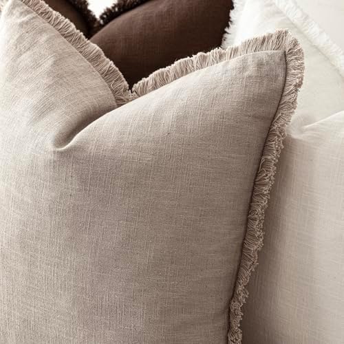 Foindtower Decorative Linen Fringe Throw Pillow Covers 20×20 Natural Linen - Image 5