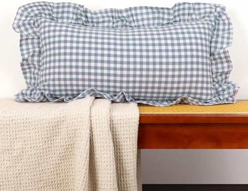 JoraLion Ruffled Lumbar Pillow Cover 16x24 Gingham Smoke Blue by JoraLion