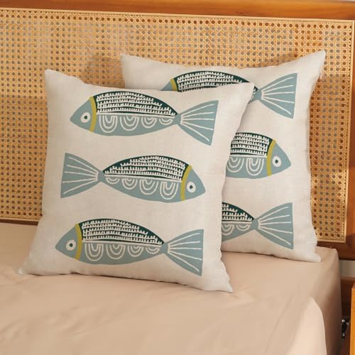 Coastal Pillow Covers 18 x 18 Inch Set of 2 Ocean Beach Blue Fish Throw Pillows - Image 3