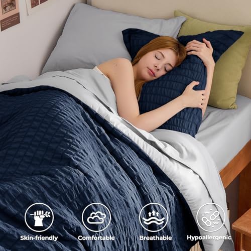 HYMOKEGE Navy Blue/Light Grey Twin Comforter Set Seersucker 5 Pieces, All - Image 2