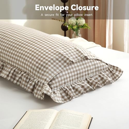 Warm Taupe Gingham Body Pillow Cover 20x54, Ruffled Cotton Sham - Image 6
