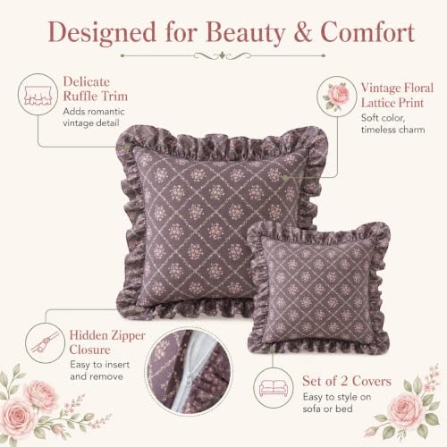 Floral Throw Pillow Covers 18x18, Dusty Mauve, Ruffle Trim, 2 Pack - Image 3