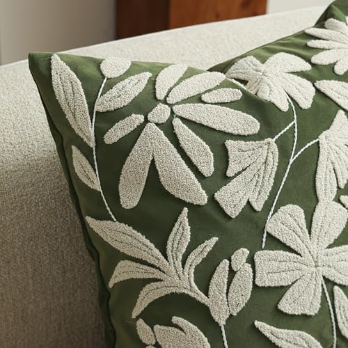 BlissBlush Decorative Throw Pillow Cover 20x20 Inch, Olive Green Floral Tufted - Image 4