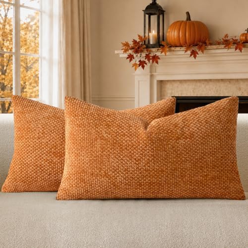 a moment Fall Orange Chenille Throw Pillow Covers 12x20 Inch Pack of 2 Modern by amoment