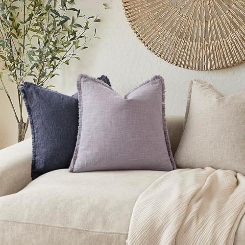 Foindtower Decorative Linen Fringe Throw Pillow Covers 22×22 Light Purple - Image 5