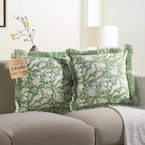 CPC Olive Green 100% Cotton Block Print Ruffle Pillow Cover 16X16 inch - Image 6