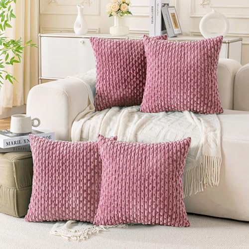Set of 4 Pink Decorative Throw Pillow Covers 22x22 Inch Corduroy Pillow Covers by Cozoomy