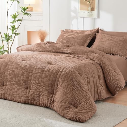 HYMOKEGE Mocha Brown California King Comforter Set Seersucker 7 Pieces - Image 7